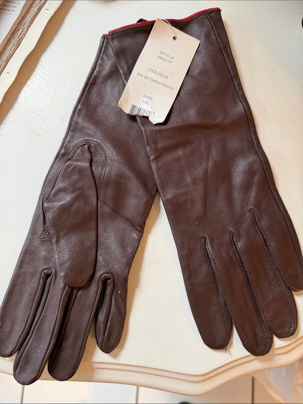 French Connection Brown Leather Women's Gloves with red trim